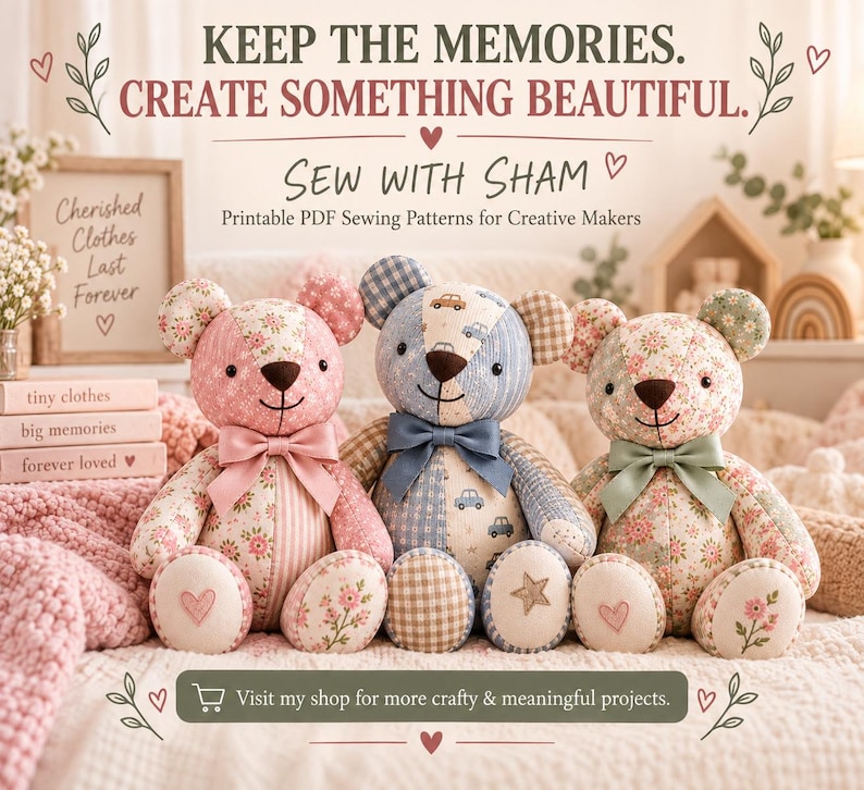 May include: Three stuffed teddy bears made of patchwork fabric in pink, blue, and green floral and patterned textiles. Each bear features a bow at the neck and embroidered details on the feet. Text reads: KEEP THE MEMORIES. CREATE SOMETHING BEAUTIFUL. SEW WITH SHAM. Printable PDF Sewing Patterns for Creative Makers. Visit my shop for more crafty & meaningful projects.