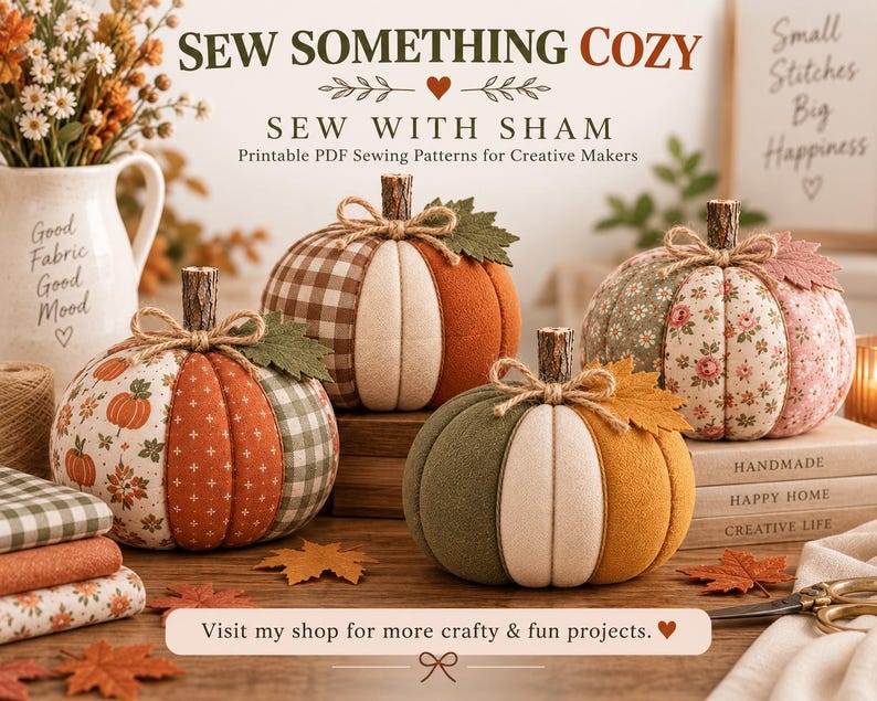 May include: Four fabric pumpkins in various patterns and colors, including orange, green, and floral prints, each topped with a wooden stem and twine bow. The text reads SEW SOMETHING COZY, SEW WITH SHAM, Printable PDF Sewing Patterns for Creative Makers.