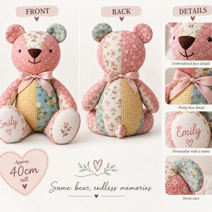 May include: A patchwork teddy bear measuring 40cm tall, featuring floral and gingham fabric patterns in pink, blue, and yellow. The bear has a satin ribbon bow, embroidered facial features, and a footpad personalized with the name Emily.