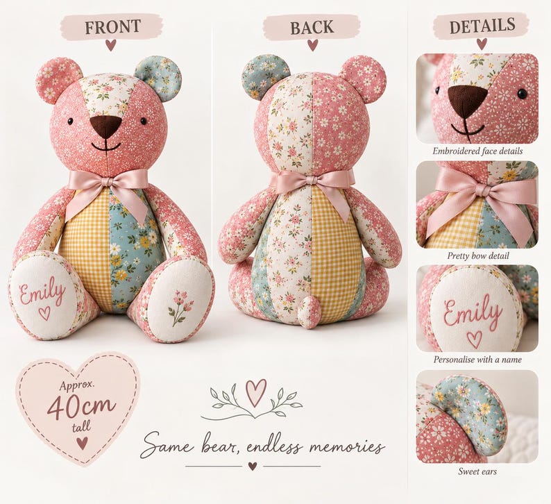 May include: A patchwork teddy bear measuring 40cm tall, featuring floral and gingham fabric patterns in pink, blue, and yellow. The bear has a satin ribbon bow, embroidered facial features, and a footpad personalized with the name Emily.