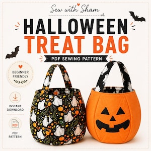 May include: Two Halloween treat bags, one with a black fabric featuring white ghosts and orange pumpkins, and one solid orange bag with a black jack-o'-lantern face. Text reads: Sew with Sham, HALLOWEEN TREAT BAG, PDF SEWING PATTERN.