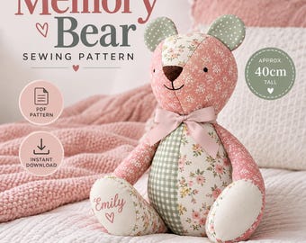 Memory Bear Sewing Pattern PDF, Patchwork Keepsake Teddy, Instant Downloadable PDF
