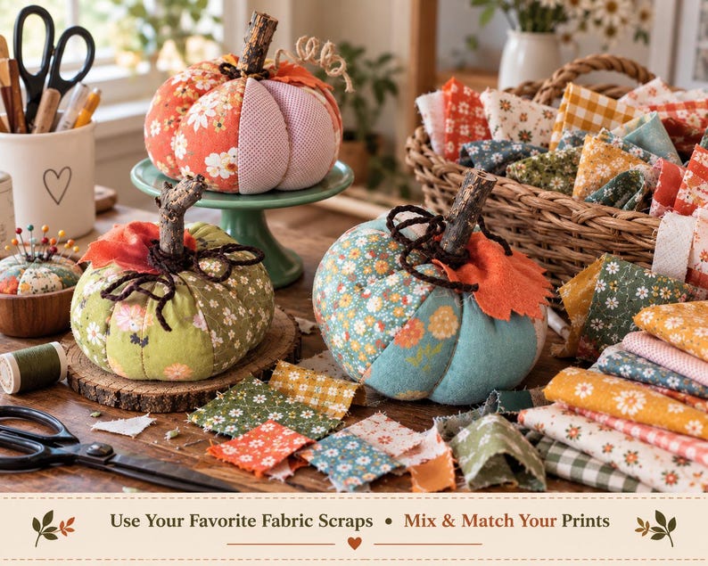 May include: Three fabric pumpkins with twig stems, featuring assorted floral and gingham patterns in orange, green, and blue. The text reads: Use Your Favorite Fabric Scraps &bull; Mix & Match Your Prints. Includes sewing supplies and fabric scraps.