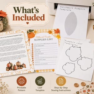 May include: A craft project kit for a patchwork pumpkin featuring a printed welcome letter, a supplies list, a pumpkin template, and leaf templates. The kit includes instructions for creating fabric pumpkins with various patterns and textures.