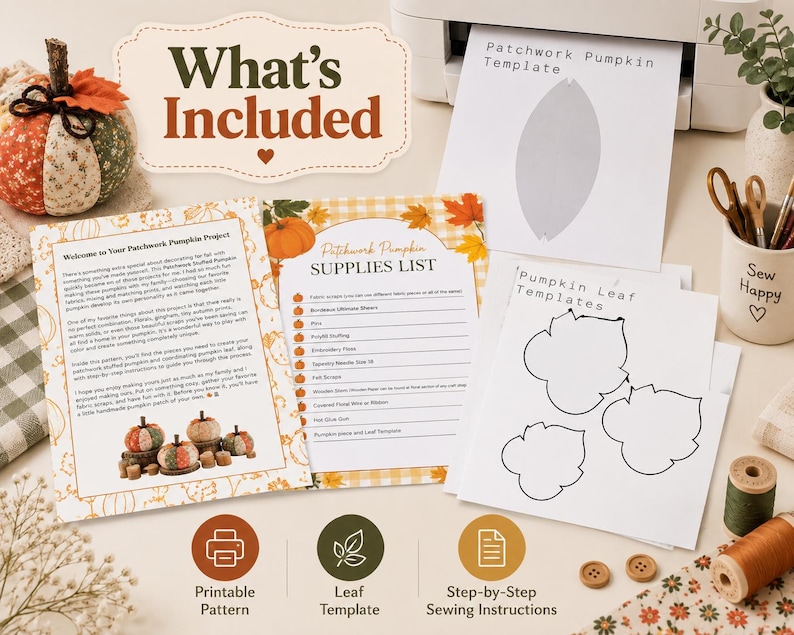 May include: A craft project kit for a patchwork pumpkin featuring a printed welcome letter, a supplies list, a pumpkin template, and leaf templates. The kit includes instructions for creating fabric pumpkins with various patterns and textures.