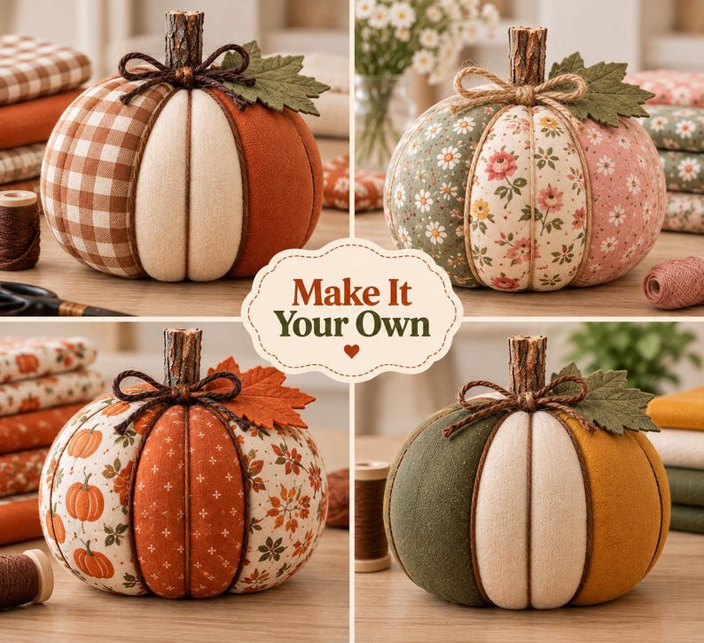 May include: Four fabric pumpkins featuring varied patterns including brown gingham, floral prints, and solid colors. Each pumpkin has a textured brown stem, a twine bow, and a felt leaf. The center text reads Make It Your Own with a heart.