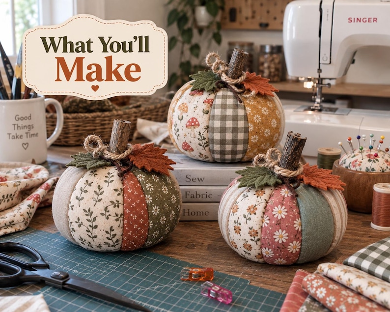 May include: Three fabric pumpkins featuring various patterns including mushrooms, gingham, and floral prints. Each pumpkin has a brown twig stem, a jute twine bow, and felt leaves. A sign above reads "What You'll Make" in brown and orange text.
