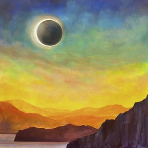 May include: A painting of a solar eclipse over a landscape of mountains and a body of water. The sky is a gradient of blue, green, and yellow. The eclipse is in the upper left corner of the painting.