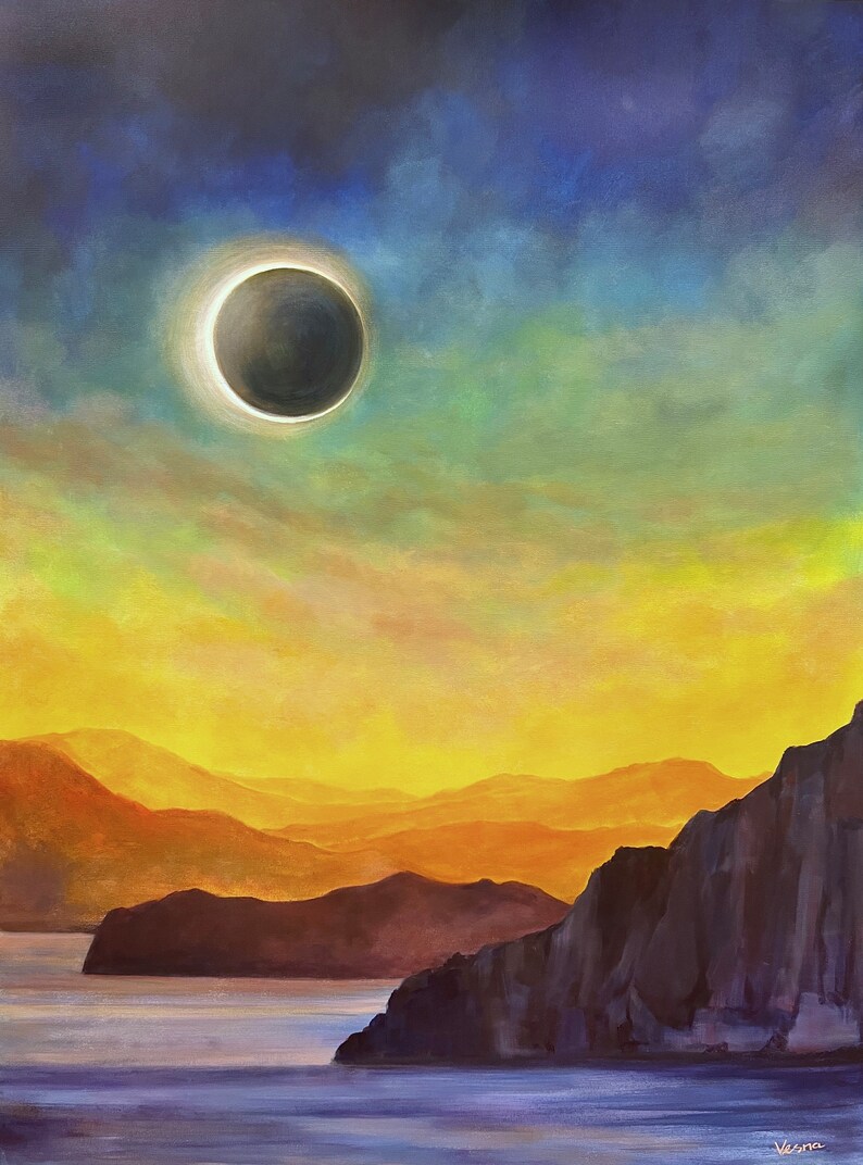 May include: A painting of a solar eclipse over a landscape of mountains and a body of water. The sky is a gradient of blue, green, and yellow. The eclipse is in the upper left corner of the painting.
