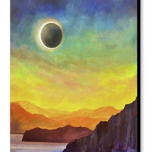 May include: A painting of a solar eclipse over a landscape of mountains and a body of water. The sky is a gradient of blue, green, and yellow. The eclipse is dark and circular, with a thin ring of light around it.