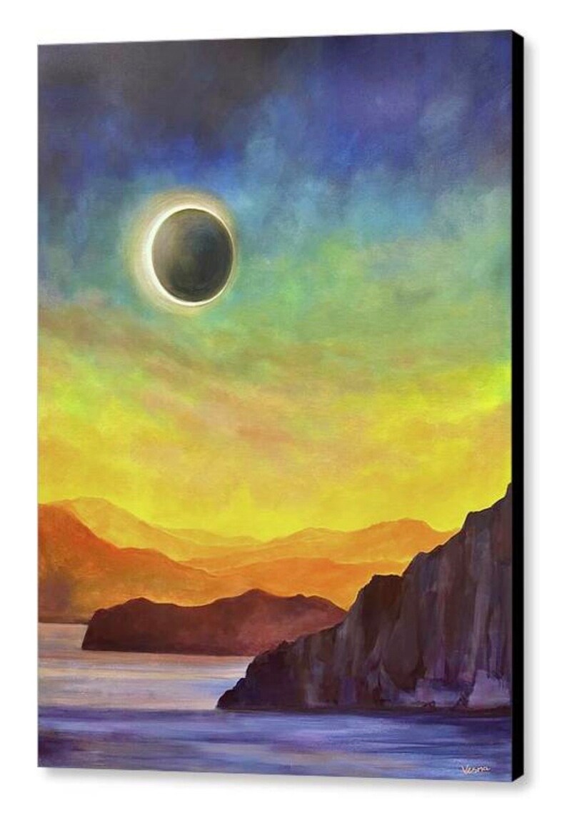 May include: A painting of a solar eclipse over a landscape of mountains and a body of water. The sky is a gradient of blue, green, and yellow. The eclipse is dark and circular, with a thin ring of light around it.