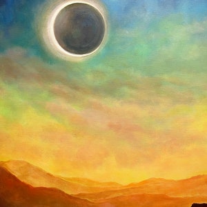 May include: A painting of a solar eclipse over a mountain range. The sky is a gradient of blue, green, and yellow. The eclipse is a dark circle with a bright ring around it.