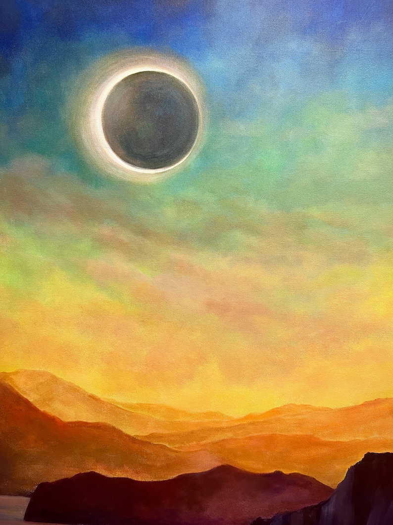 May include: A painting of a solar eclipse over a mountain range. The sky is a gradient of blue, green, and yellow. The eclipse is a dark circle with a bright ring around it.