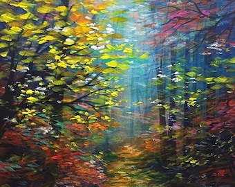 Puede incluir: Una pintura de un sendero en el bosque con colores vibrantes, incluyendo amarillo, verde, azul y rojo. El sendero se adentra en la distancia, desapareciendo en una luz brumosa. Los árboles a ambos lados del sendero son espesos y exuberantes, creando una sensación de misterio y asombro.