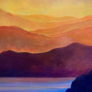 May include: A painting of a landscape with a lake in the foreground and mountains in the background. The sky is a vibrant orange and yellow, and the water is a deep blue. The mountains are a dark purple.