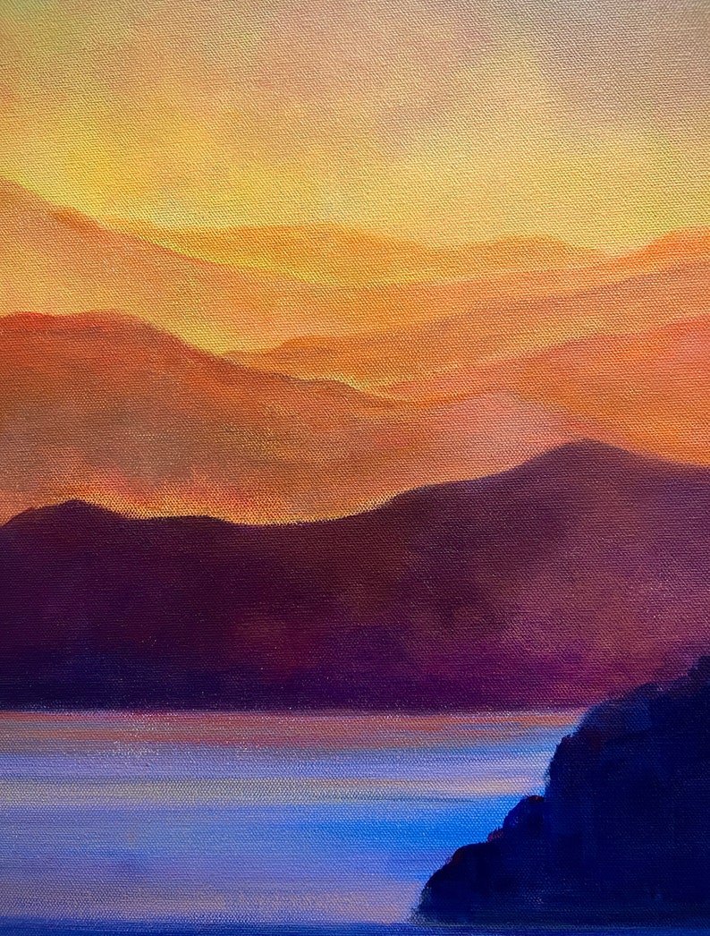 May include: A painting of a landscape with a lake in the foreground and mountains in the background. The sky is a vibrant orange and yellow, and the water is a deep blue. The mountains are a dark purple.