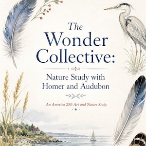 Puede incluir: Una portada de libro titulada The Wonder Collective: Nature Study with Homer and Audubon, An America 250 Art and Nature Study. El diseño presenta ilustraciones en acuarela de una pluma azul, una garza, trigo y un paisaje costero.