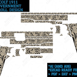 Peut inclure: Un design graphique numérique d'un pistolet Colt 1911 avec un motif complexe de volutes et de papillons. Le texte indique COLT 1911 GOVERNMENT SCROLL DESIGN, AI (AND AI8), EZCAD READY FILES, PDF, DXF, PNG et SVG sur fond blanc.