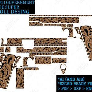 May include: A digital graphic design file featuring a Colt 1911 Government 38 Super scroll design. The artwork displays intricate brown floral scrollwork patterns overlaid on black outlines of a handgun, with text labels indicating file formats.