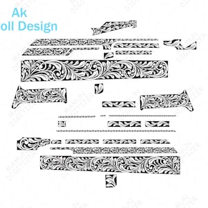 May include: A collection of black and white vector-style graphic decals featuring an intricate floral scroll design. The set includes various rectangular and shaped strips with repeating leaf patterns, labeled with the text Ak Scroll Design.