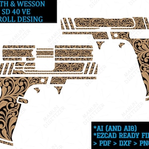 Könnte beinhalten: Ein digitales Grafikdesign mit zwei Silhouetten einer Smith & Wesson SD 40 VE Pistole, die mit einem beigefarbenen, komplizierten floralen Rankenmuster auf weißem Hintergrund bedeckt sind, inklusive Textangaben zu AI, PDF, DXF, PNG und SVG.