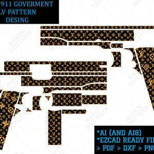 May include: A digital graphic design of a Colt 1911 Government pistol featuring a repeating gold-colored monogram pattern on a black background. The image includes text reading COLT 1911 GOVERMENT LV PATTERN DESING and file format information.