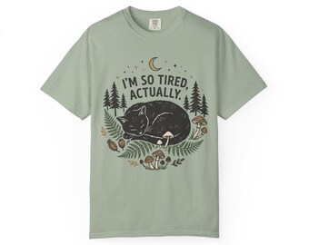 Estoy muy cansado, gato, camiseta / Gato negro durmiendo, luna, setas, colores reconfortantes