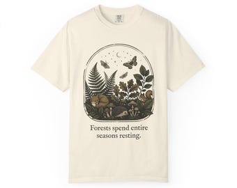 Forests Spend Entire Seasons Resting Mushroom Illustration T-shirt | Ferns, Mushrooms, Woodland Scene