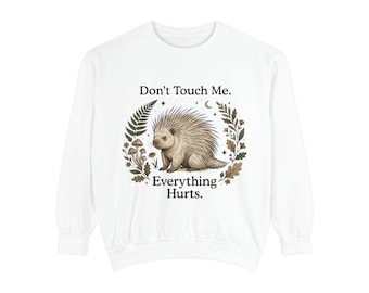 Sudadera con el erizo "No me toques, todo duele" / Ilustración botánica vintage