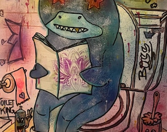 Toilet King | Funny Shark Graffiti Painting | Pop Art Bathroom Wall Decor | Original Street Art Canvas 50 x 70 cm
