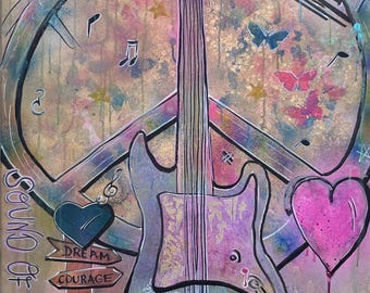 Original Guitar Painting 70x140 cm | Hand Painted Canvas | Peace Sign Wall Art | Large Street Art | Abstract Artwork | One of a Kind