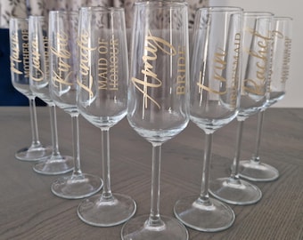Bridal Champagne Flutes, Wedding Day Flutes, Personalised Team Bride Glasses