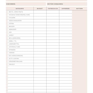 Könnte beinhalten: Ein monatlicher Budgetplaner mit hellbeigem Hintergrund und schwarzem Text. Die Überschrift lautet MONATLICHER BUDGETPLANER. Er enthält Abschnitte für Einnahmen, Ausgaben und Notizen mit Spalten für Budget, Tatsächlich, Differenz und Notizen.