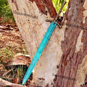 Handmade Fantasy Sword, Turquoise Blue Blade, Ornate Gold Hilt, Medieval Display Piece