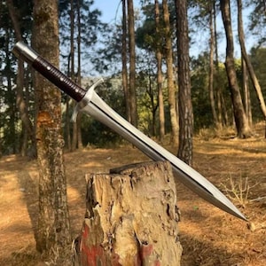 May include: A double-edged sword with a pointed steel blade, a silver-toned metal crossguard, and a dark brown cylindrical handle with a textured grip, positioned diagonally against a rough, weathered wooden stump.