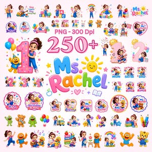 May include: A collection of digital illustrations featuring Ms. Rachel, a cartoon character in blue overalls, alongside colourful educational elements like numbers, letters, books, balloons, and animal friends. The text includes Ms. Rachel and 250+ PNG 300 Dpi.