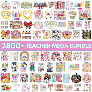 May include: A digital collection of 2800+ teacher-themed graphic designs featuring colourful illustrations of apples, pencils, bows, rainbows, flowers, and geese. The designs include various typography such as Teacher Life, Teach Love Inspire, and Welcome Back to School.
