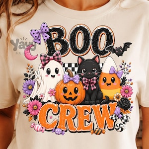 Boo Crew Halloween PNG, Coquette Ghost Cat Pumpkin Trio Sublimatie (Digitale download)