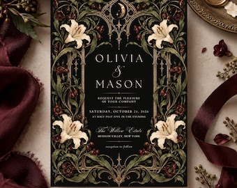 May include: A rectangular wedding invitation card with a black background, featuring a gold-toned gothic arch frame adorned with white lily flowers and dark green foliage. The text reads Olivia & Mason, Request the pleasure of your company, Saturday, October 24, 2026, at half past five in the evening, The Willow Estate, Hudson Valley, New York, reception to follow.