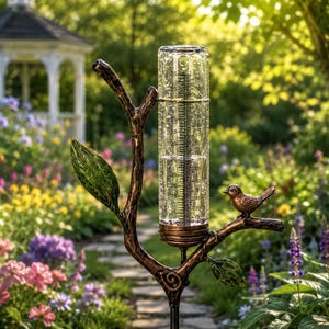 Metal Branch Leaf Rain Gauge Stake, Weatherproof Iron Garden Measuring Decor, Creative Bird Ornament Outdoor Yard Lawn Rainfall Monitor Art