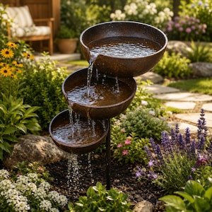 Metal Rain Catcher Garden Stake, Three-Bowl Rustic Rainwater Fountain, Outdoor Zen Garden Decor, Durable Metal, 70 cm Cascading Bowls