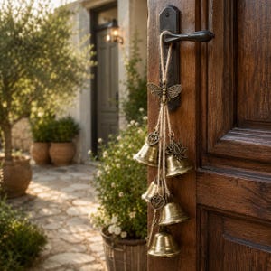 May include: A decorative hanging ornament featuring a brass-toned bee charm at the top, connected by jute twine to four small brass bells and a decorative filigree key charm, suspended from a dark metal door handle on a wooden door.