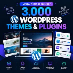 May include: A digital product bundle featuring 3,000 WordPress themes and plugins. The graphic displays a laptop showing a website interface, surrounded by various web design previews and four toggle-style icons for security, performance, SEO, and contact forms.