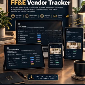 May include: A digital Notion template titled FF&E Vendor Tracker displayed on a laptop, tablet, and smartphone. The interface shows tables for tracking furniture, fixtures, and equipment orders, including item names, categories, and financial data.