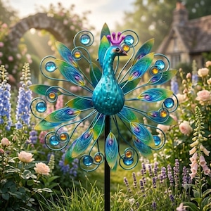 May include: A metal peacock garden spinner featuring a vibrant teal body, a purple crest, and a fanned tail with green and blue leaf-shaped accents. The tail is decorated with circular blue and amber glass gems set within wire swirls.