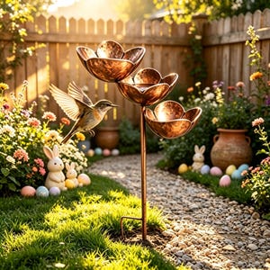 Puede incluir: Un comedero para pájaros de metal color cobre con tres cuencos escalonados en forma de flor sobre un poste vertical. Un pequeño pájaro de plumas marrones y blancas aparece en pleno vuelo cerca del cuenco superior en un jardín.