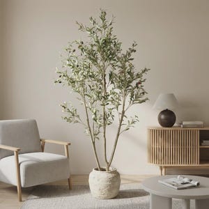 May include: A tall artificial olive tree with slender branches, narrow green leaves, and small dark olives. The tree is planted in a textured, off-white, cylindrical ceramic pot with a rustic, weathered finish and a wide, rounded base.