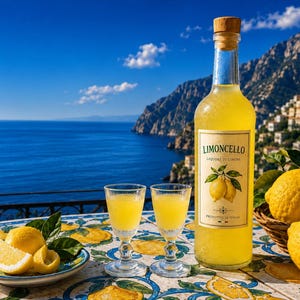 May include: A clear glass bottle of Limoncello with a cork stopper, featuring a label with the text Limoncello Liquore di Limone and a lemon illustration. Two small glasses filled with yellow liquid sit beside a plate of lemon slices.