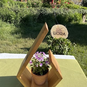 Może przedstawiać: Jasnobrązowa drewniana geometryczna rama o kanciastym, otwartym kształcie. Wewnątrz ramy znajduje się mała doniczka z terakoty z rośliną o drobnych fioletowo-białych kwiatach. Drewno ma gładkie wykończenie i widoczne usłojenie.
