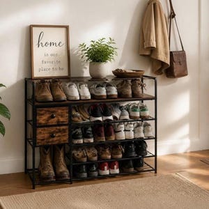 5 Tier Shoe Rack with Drawers, Rustic Metal Entryway Organizer